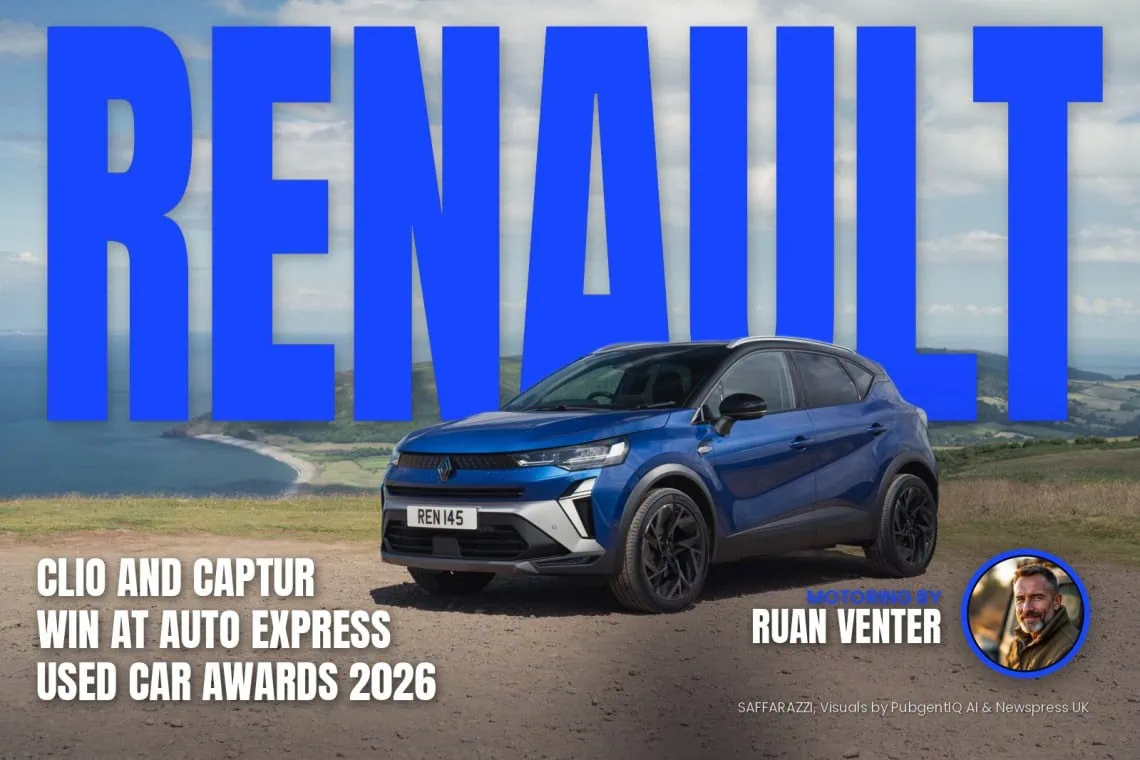 UK Motoring: Renault Clio and Captur win - Saffarazzi Renault magazine cover: Clio and Captur win at Auto Express Used Car Awards 2026, with the writer's by-line.