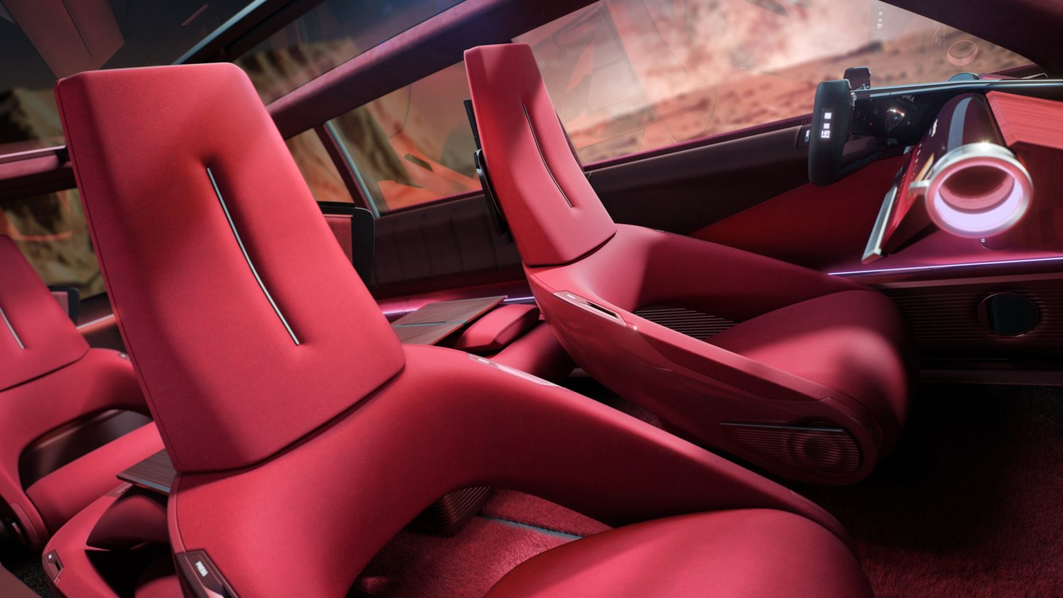 Renault E-Space Concept front seats and dashboard - Saffarazzi Luxurious red car interior with tiered seats and futuristic dashboard from a passenger-side perspective