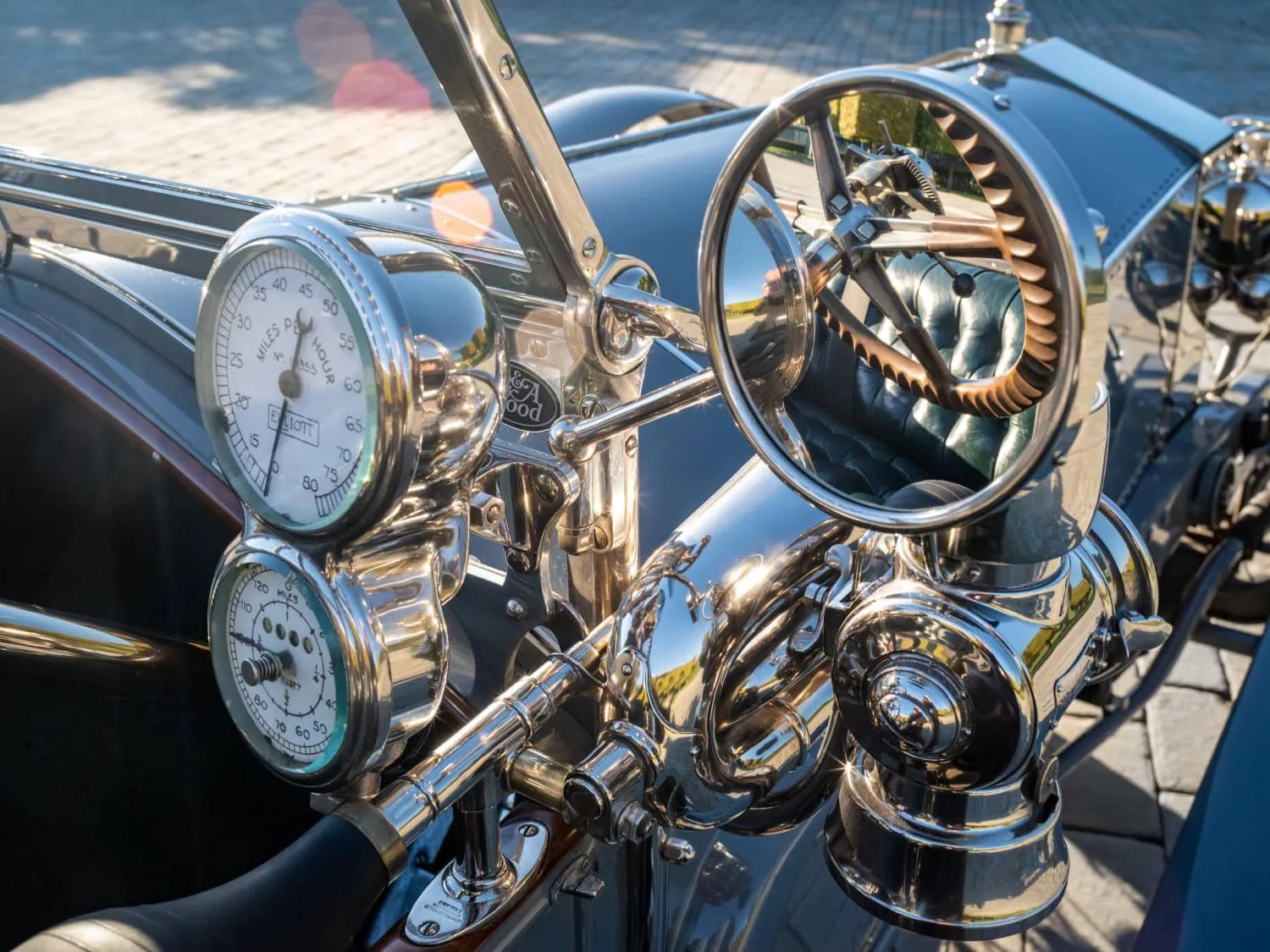 Silver Ghost cockpit detail - Saffarazzi Rolls-Royce Silver Ghost dashboard gauges and steering wheel.