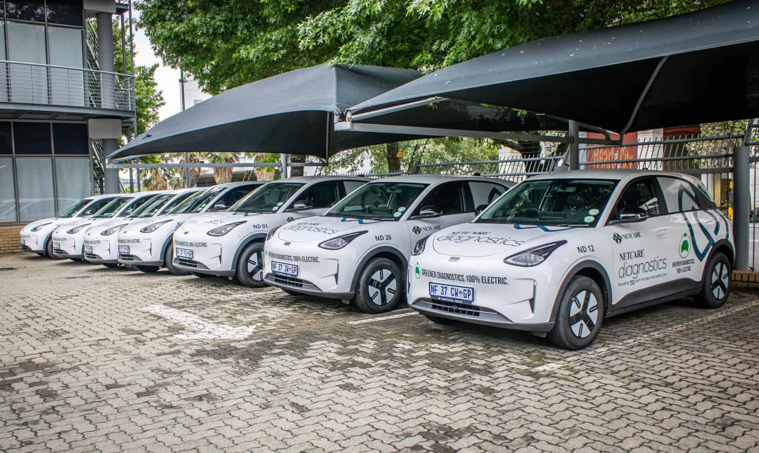 Row of Netcare Diagnostics Geely E2 electric hatchbacks - Saffarazzi Row of Netcare Diagnostics Geely E2 electric hatchbacks