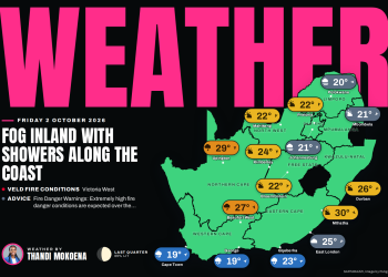 South Africa weather map Friday 2 October 2026: temperatures for Cape Town, Johannesburg, Durban and twelve more towns