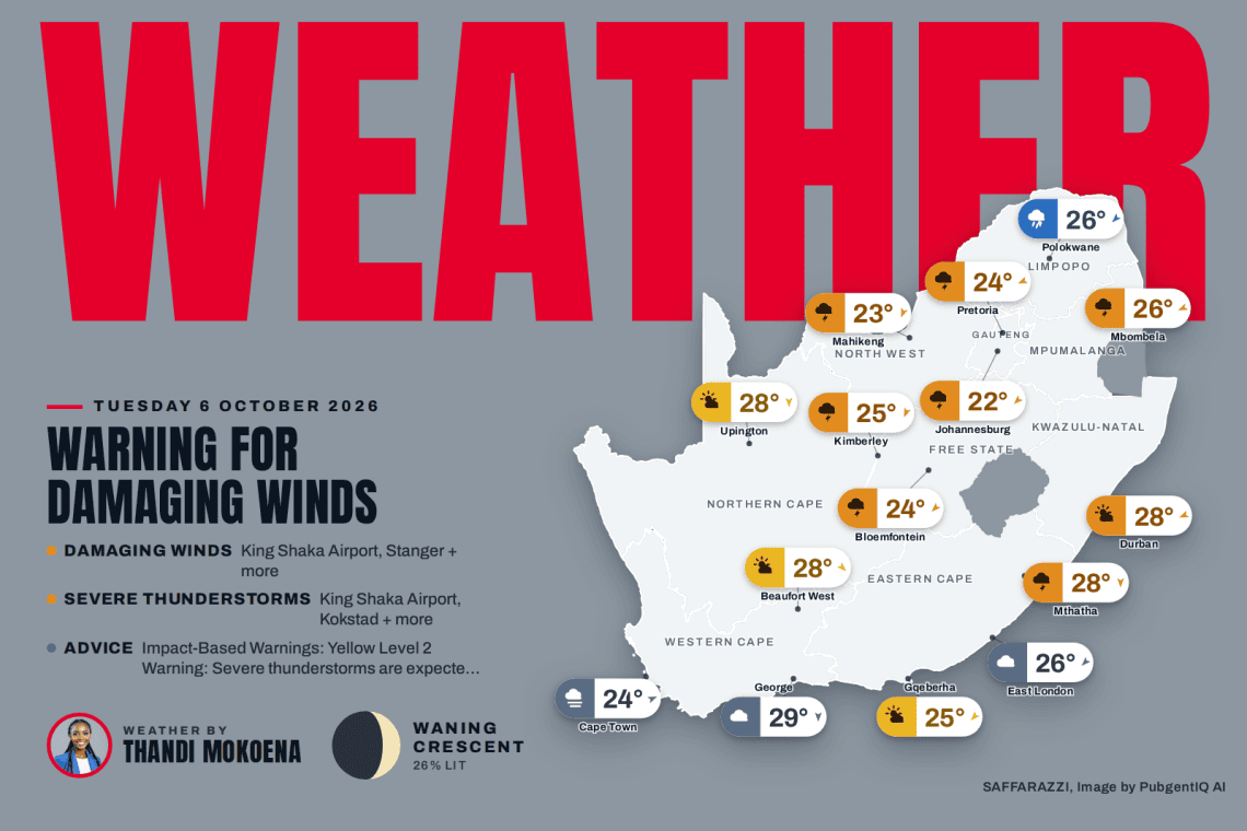 South Africa weather map Tuesday 6 October 2026: temperatures for Cape Town, Johannesburg, Durban and twelve more towns