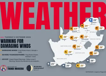 South Africa weather map Tuesday 6 October 2026: temperatures for Cape Town, Johannesburg, Durban and twelve more towns