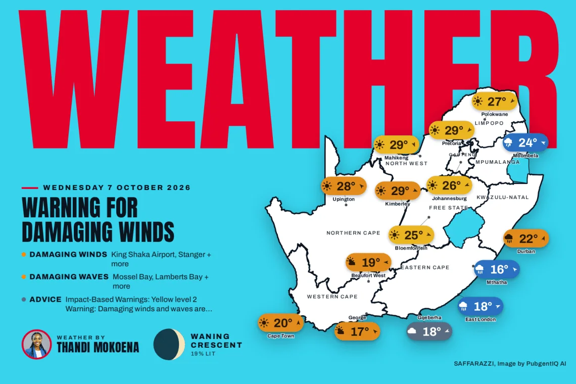 South Africa weather map Wednesday 7 October 2026: temperatures for Cape Town, Johannesburg, Durban and twelve more towns