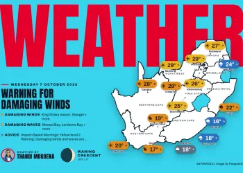 South Africa weather map Wednesday 7 October 2026: temperatures for Cape Town, Johannesburg, Durban and twelve more towns
