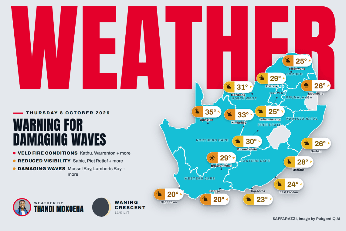 South Africa weather map Thursday 8 October 2026: temperatures for Cape Town, Johannesburg, Durban and twelve more towns