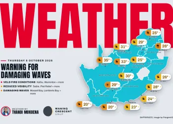 South Africa weather map Thursday 8 October 2026: temperatures for Cape Town, Johannesburg, Durban and twelve more towns