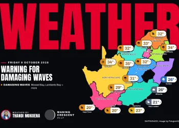 Today's Weather: Warning for Damaging Waves - 9 October - Saffarazzi South Africa weather map Friday 9 October 2026: temperatures for Cape Town, Johannesburg, Durban and twelve more towns