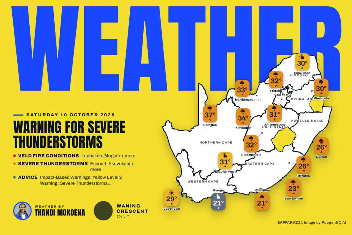 South Africa weather map Saturday 10 October 2026: temperatures for Cape Town, Johannesburg, Durban and twelve more towns
