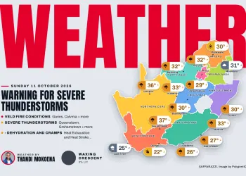 South Africa weather map Sunday 11 October 2026: temperatures for Cape Town, Johannesburg, Durban and twelve more towns
