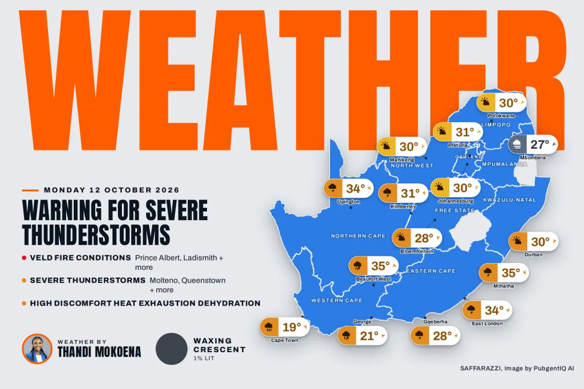 South Africa weather map Monday 12 October 2026: temperatures for Cape Town, Johannesburg, Durban and twelve more towns