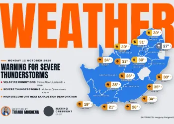 South Africa weather map Monday 12 October 2026: temperatures for Cape Town, Johannesburg, Durban and twelve more towns