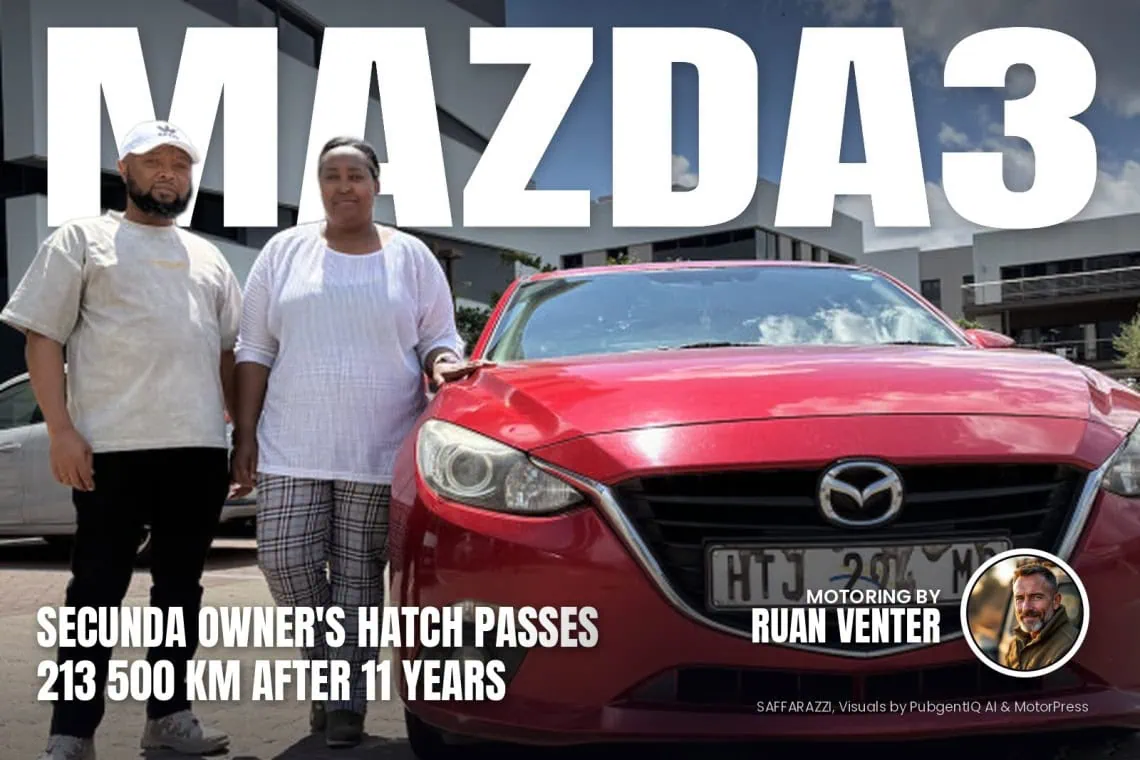 MAZDA3 magazine cover: Secunda owner's hatch passes 213 500 km after 11 years, with the writer's by-line.