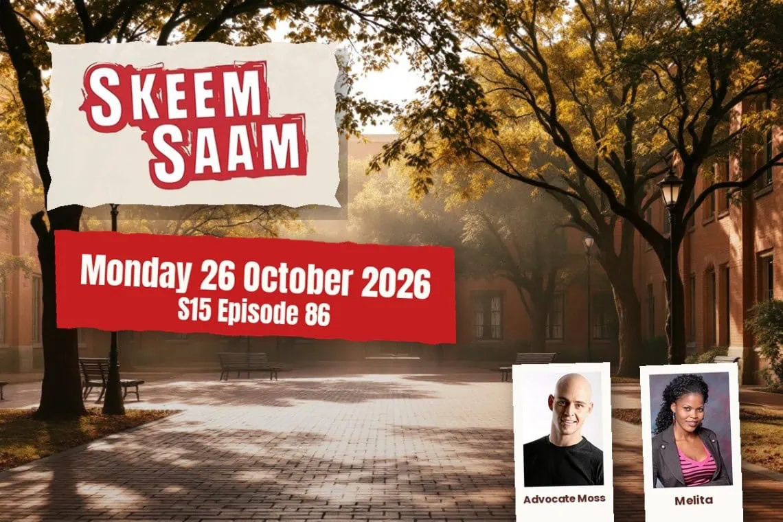 Skeem Saam teasers artwork for Monday 26 October 2026, S15 Episode 86, with cast photos.