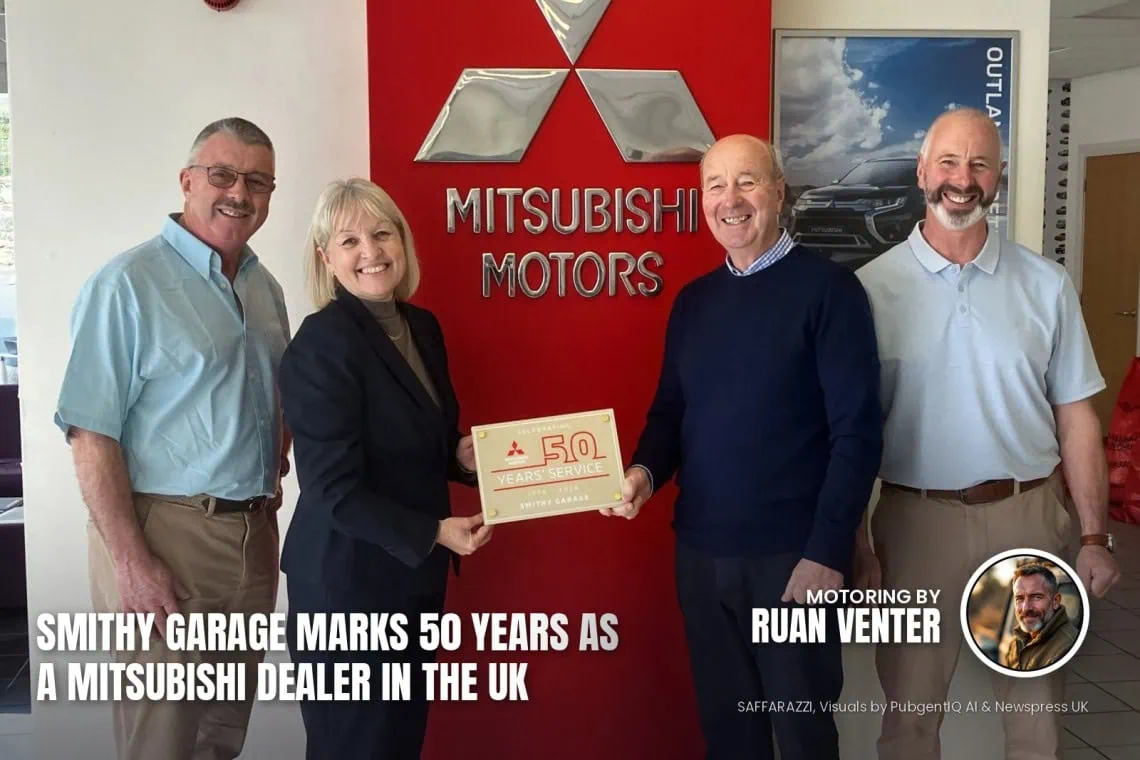 UK Motoring: Smithy Garage marks 50 years - Saffarazzi Mitsubishi magazine cover: Smithy Garage marks 50 years as a dealer in the UK, with the writer's by-line.
