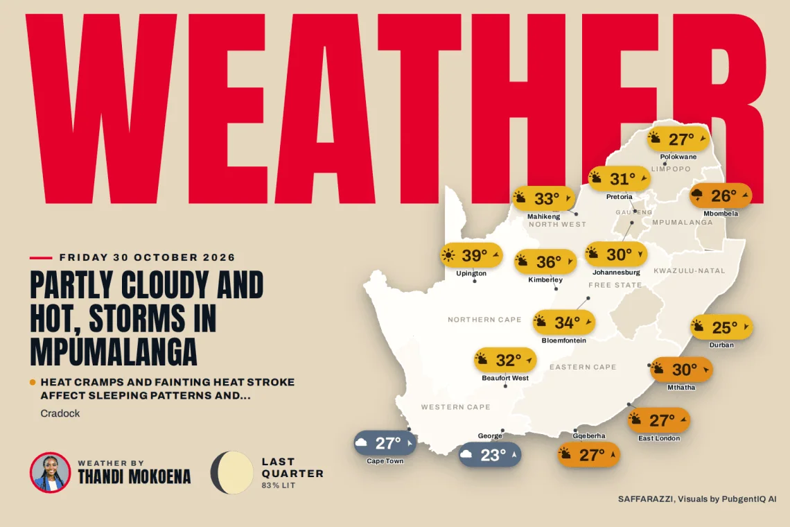 South Africa weather map, Friday 30 October 2026 - Saffarazzi South Africa weather map for Friday 30 October 2026 with temperatures for Cape Town, Johannesburg, Durban and more.