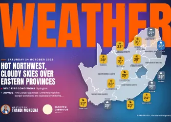 South Africa weather map for Saturday 24 October 2026 with temperatures for Cape Town, Johannesburg, Durban and more.