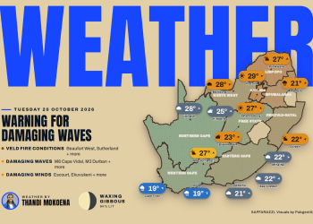 South Africa weather map for Tuesday 20 October 2026 with temperatures for Cape Town, Johannesburg, Durban and more.