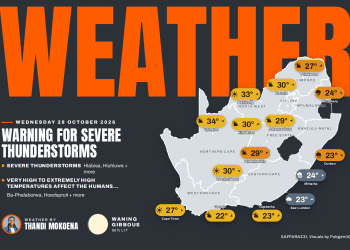 South Africa weather map for Wednesday 28 October 2026 with temperatures for Cape Town, Johannesburg, Durban and more.