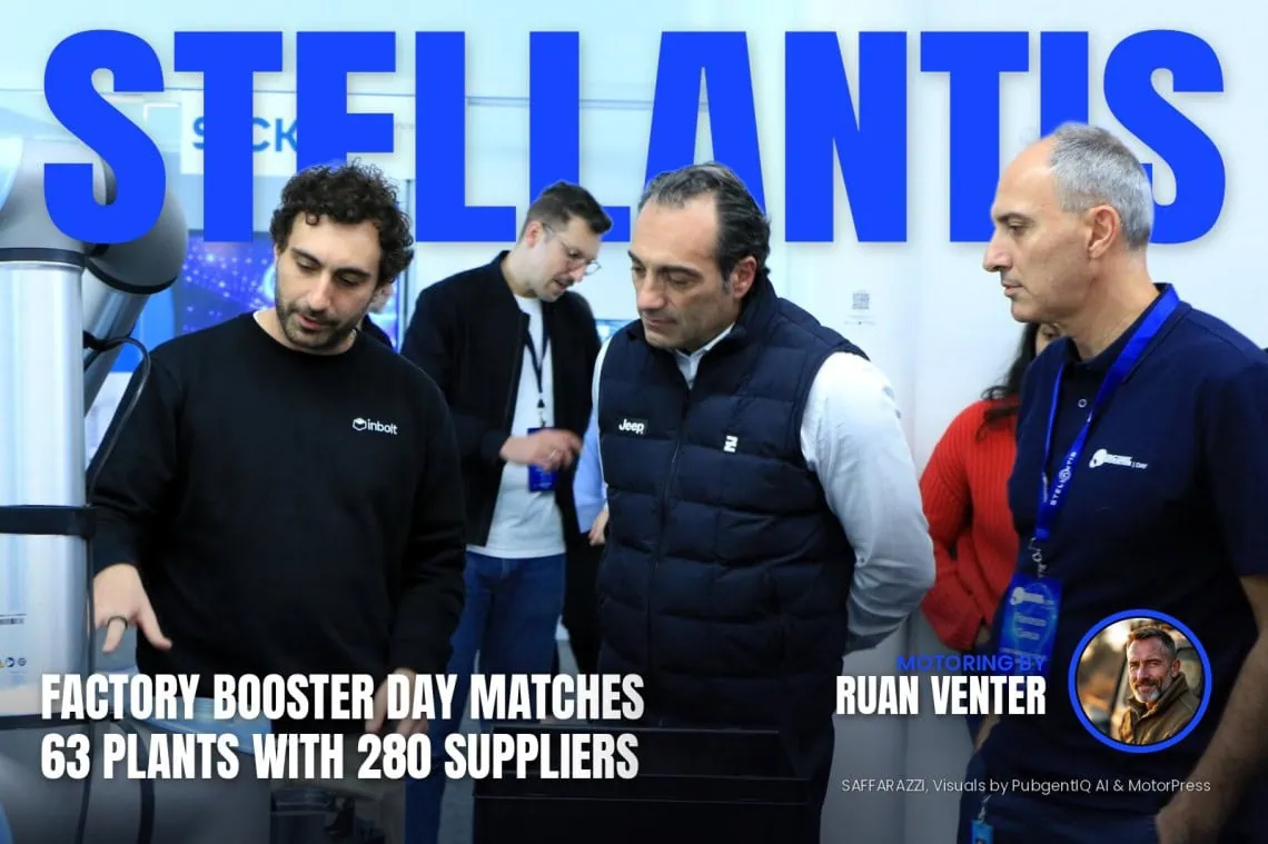 Stellantis magazine cover: Factory Booster Day matches 63 plants with 280 suppliers, with the writer's by-line.