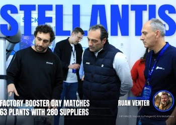 Stellantis magazine cover: Factory Booster Day matches 63 plants with 280 suppliers, with the writer's by-line.