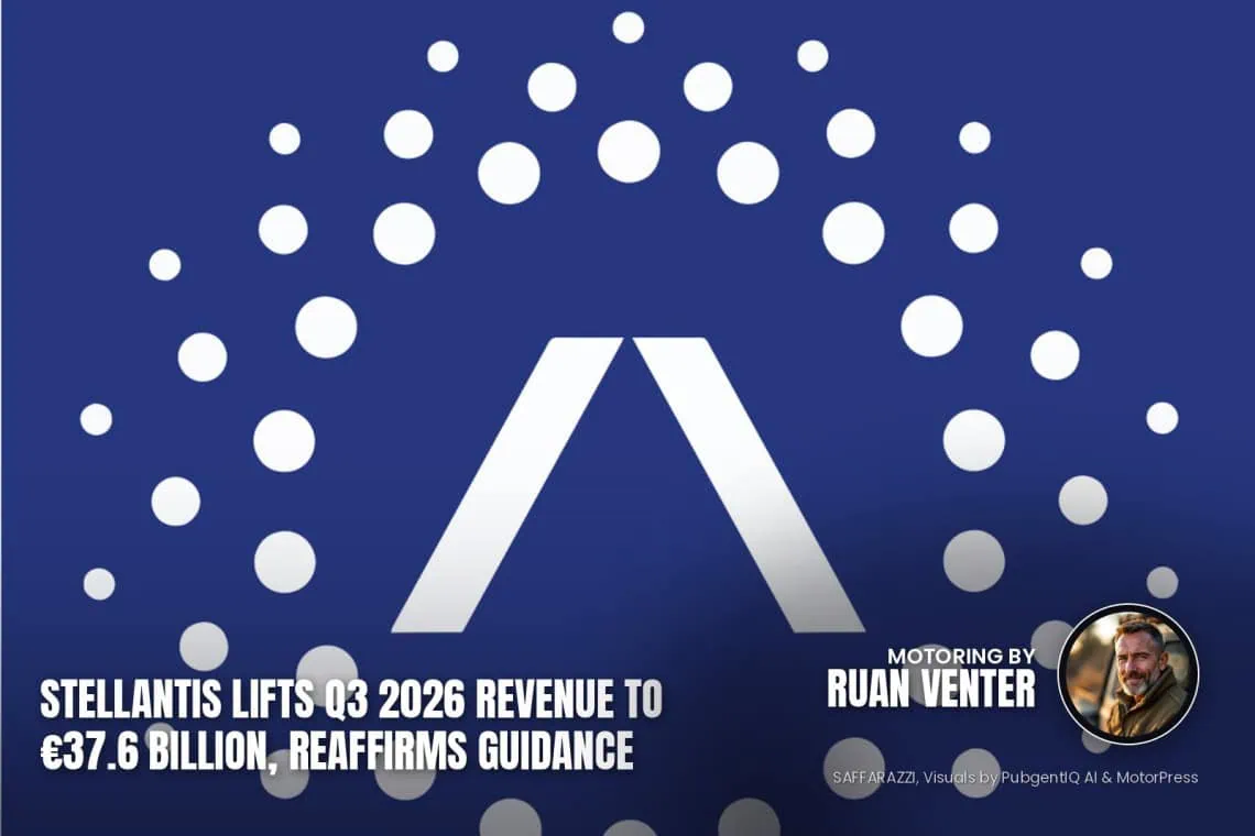 Stellantis magazine cover: Lifts Q3 2026 revenue to €37.6 billion, reaffirms guidance, with the writer's by-line.