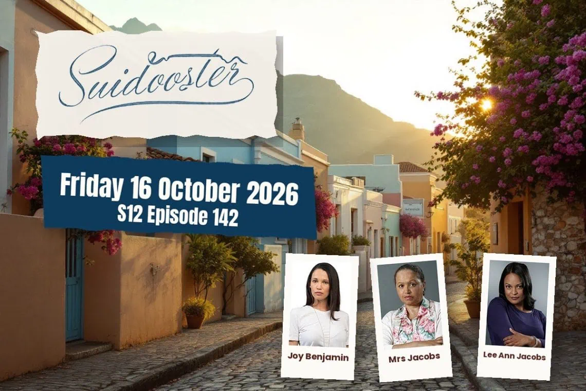 S12 Episode 142 Suidooster: Gary Reinvents Himself For Claire - Saffarazzi Promotional banner for Suidocester: Friday 16 October 2026, S12 Episode 142, with three guest portraits.