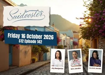 Promotional banner for Suidocester: Friday 16 October 2026, S12 Episode 142, with three guest portraits.