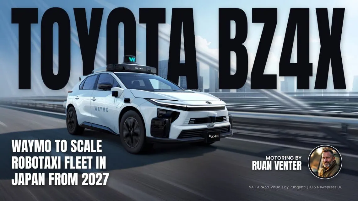 UK Motoring: Toyota and Waymo to scale bZ4X - Saffarazzi Toyota BZ4X magazine cover: Waymo to scale robotaxi fleet in Japan from 2027, with the writer's by-line.