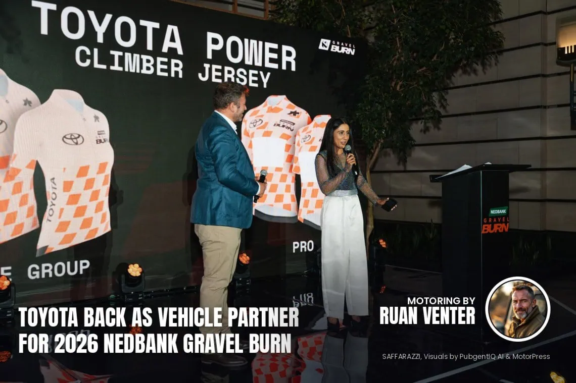 Toyota magazine cover: Back as vehicle partner for 2026 Nedbank Gravel Burn, with the writer's by-line.