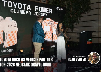 Toyota magazine cover: Back as vehicle partner for 2026 Nedbank Gravel Burn, with the writer's by-line.