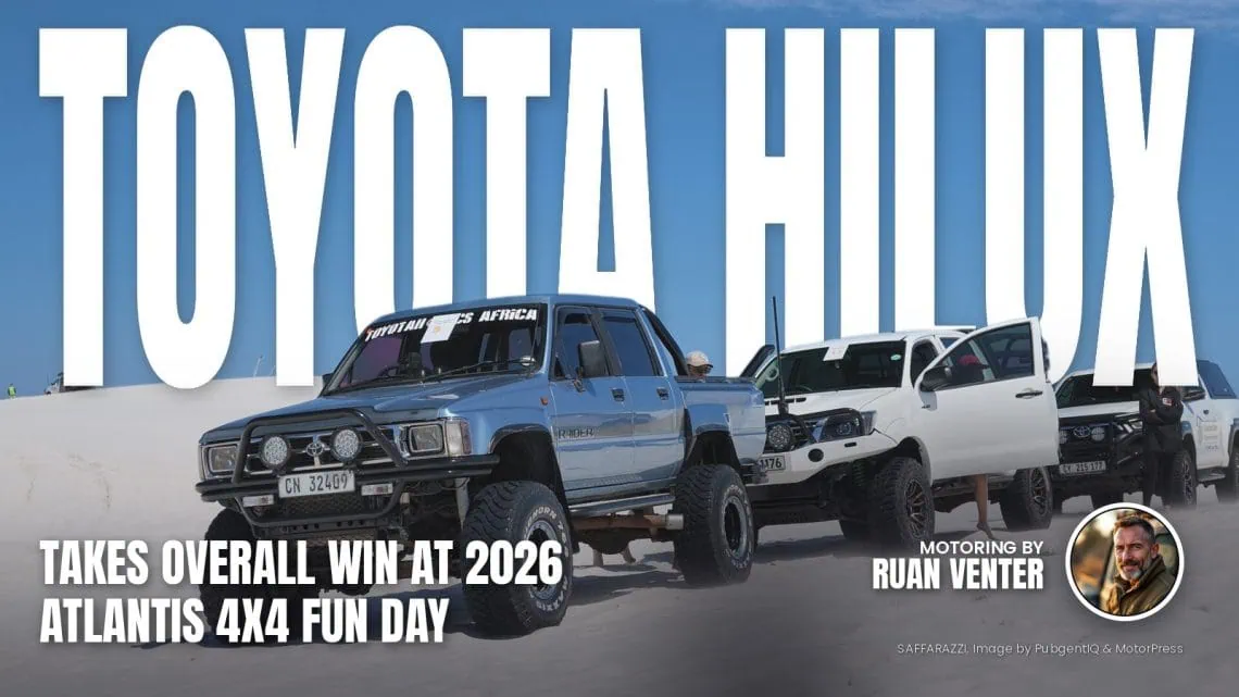 Modified Toyota Hilux double cab leading bakkies on Atlantis dunes