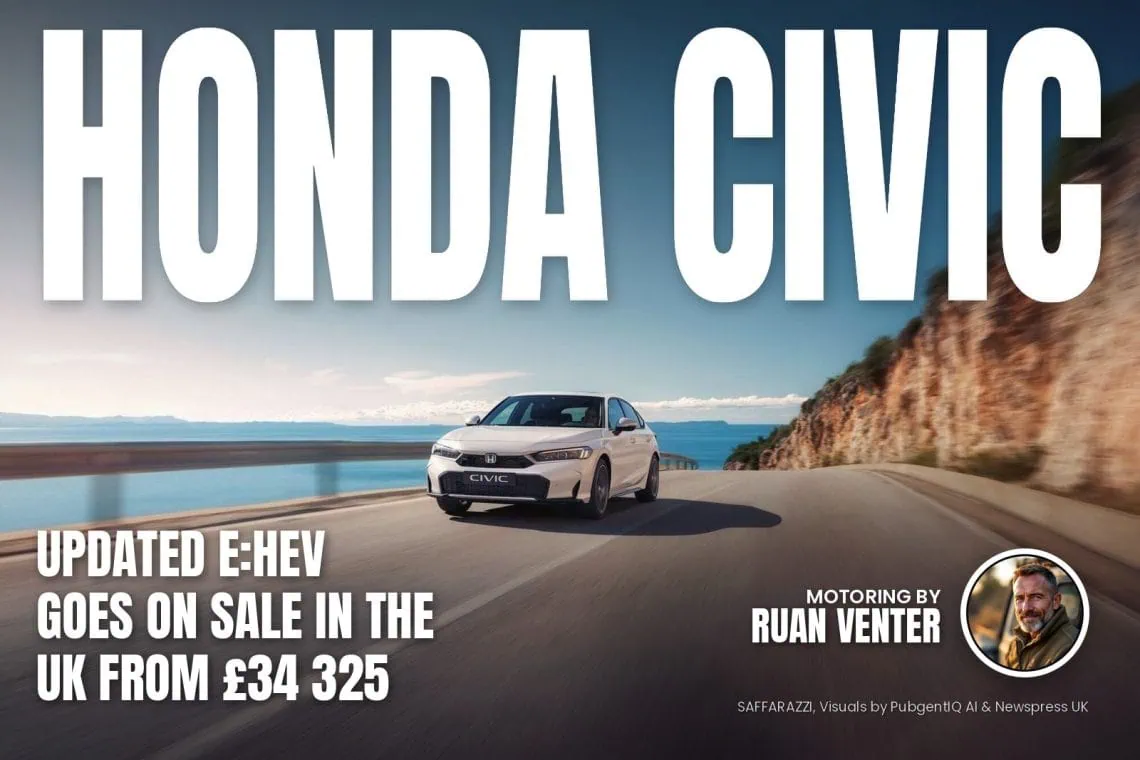 Honda Civic e:HEV hatchback driving on coastal road