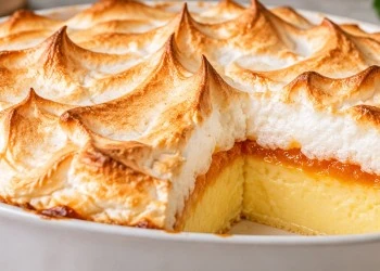 Traditional South African Velvet Pudding (Fluweelpoeding) with golden meringue, apricot jam and creamy baked custard.
