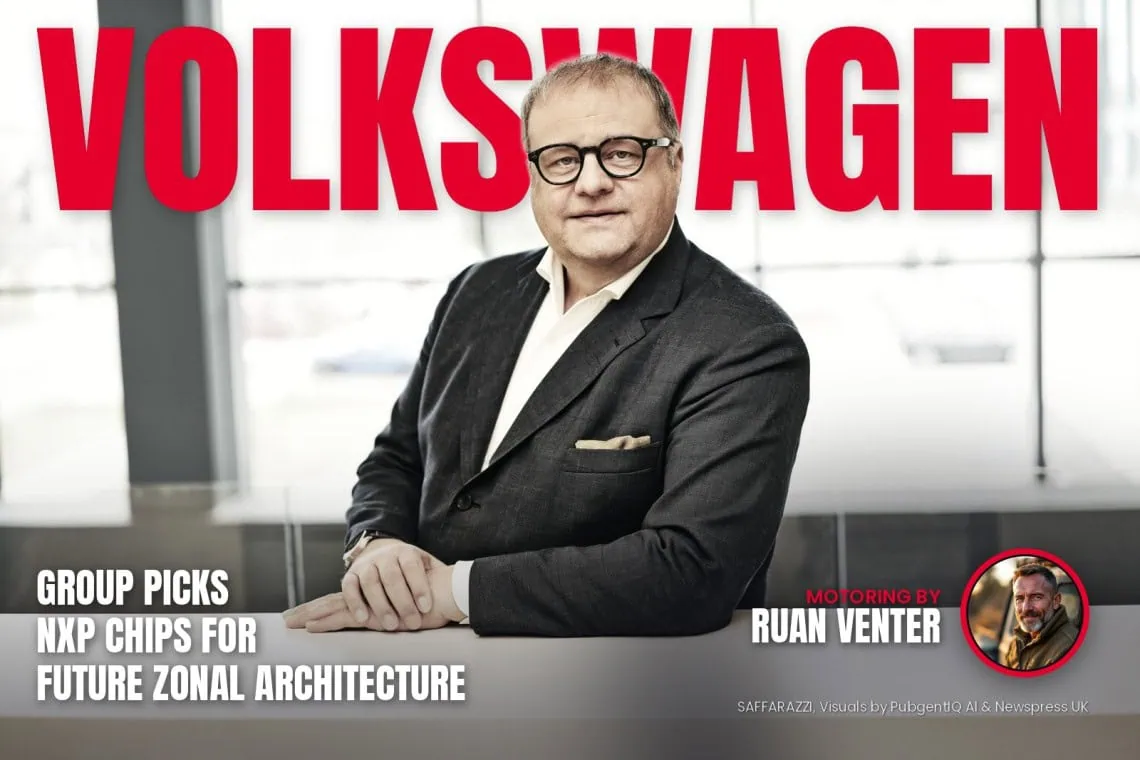 Volkswagen magazine cover: Group picks NXP chips for future zonal architecture, with the writer's by-line.