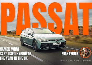 Passat magazine cover: Named What Car? Used Hybrid of the Year in the UK, with the writer's by-line.