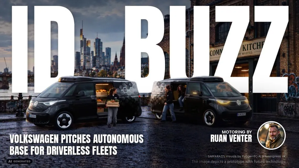 UK Motoring: Volkswagen pitches autonomous ID. Buzz - Saffarazzi ID. Buzz magazine cover: Volkswagen pitches autonomous base for driverless fleets, with the writer's by-line.