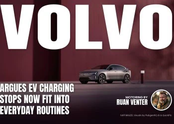 Volvo magazine cover: Argues EV charging stops now fit into everyday routines, with the writer's by-line.