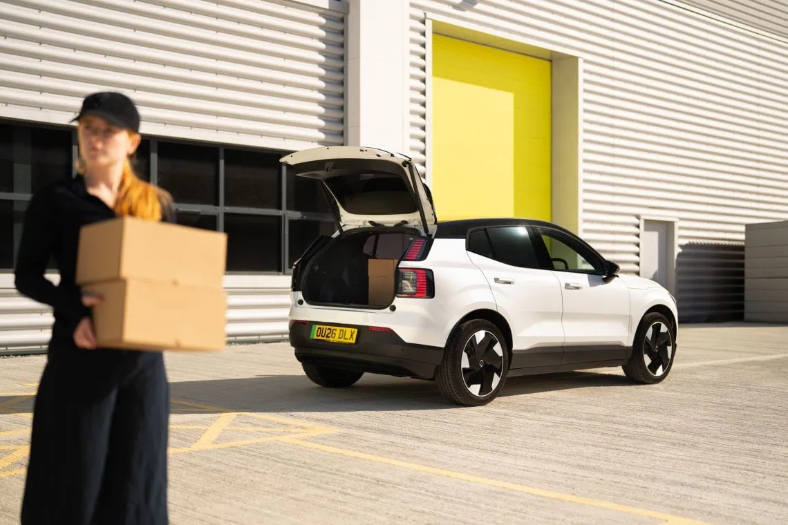Volvo EX30 Cargo rear three-quarter view with tailgate open - Saffarazzi Volvo EX30 Cargo rear three-quarter view with tailgate open