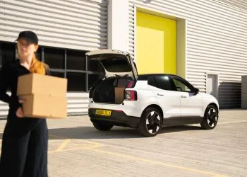Volvo EX30 Cargo rear three-quarter view with tailgate open