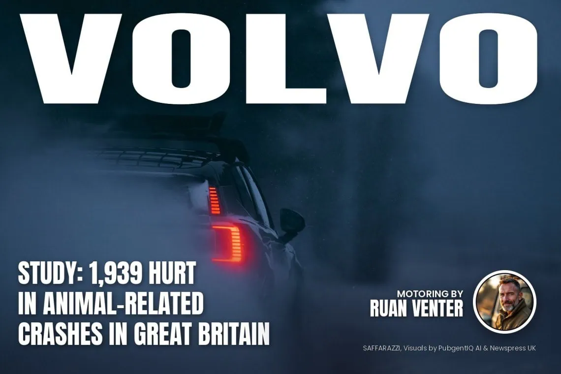 UK Motoring: Volvo study finds 1,939 hurt - Saffarazzi Volvo magazine cover: Study: 1,939 hurt in animal-related crashes in Great Britain, with the writer's by-line.
