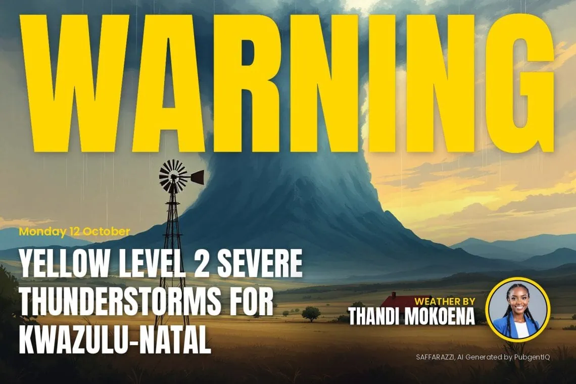 Weather Warning: Yellow Level 2 Severe Thunderstorms for KwaZulu-Natal - Monday 12 October