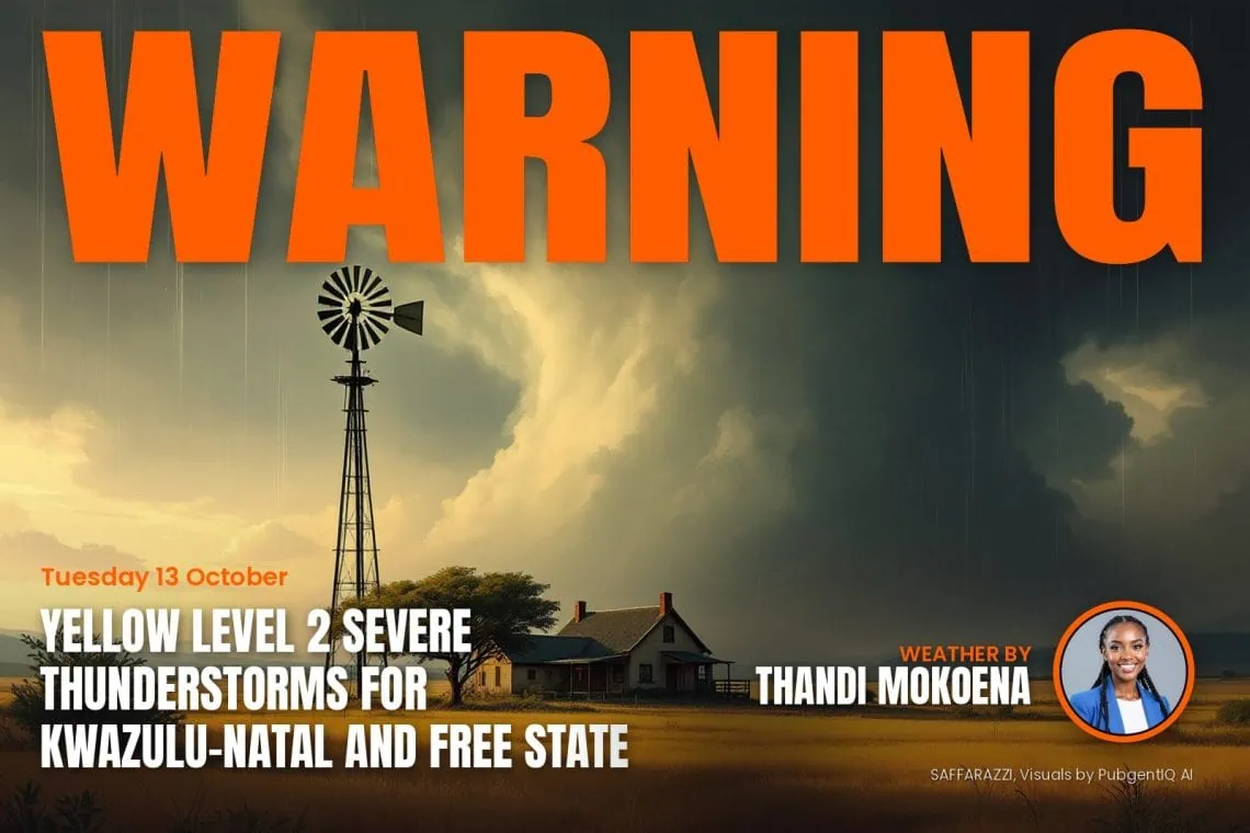 Weather Warning: Yellow Level 2 Severe Thunderstorms for KwaZulu-Natal and Free State - Tuesday 13 October - Saffarazzi Weather Warning: Yellow Level 2 Severe Thunderstorms for KwaZulu-Natal and Free State - Tuesday 13 October