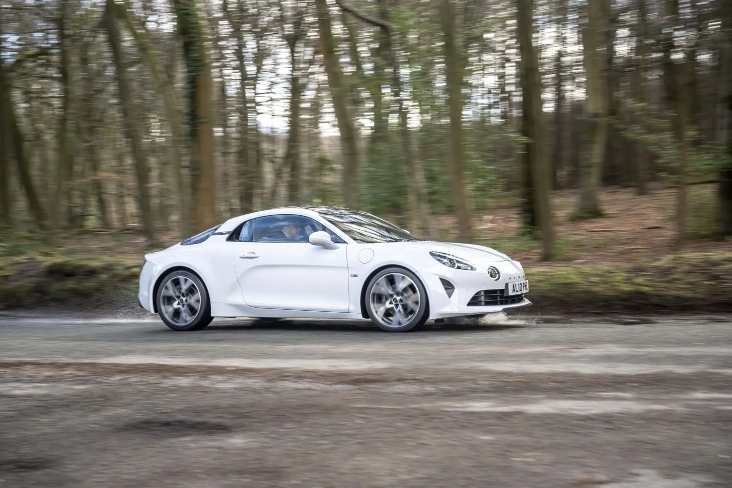 Alpine A110 in woodland - Saffarazzi White Alpine A110 driving on woodland road.