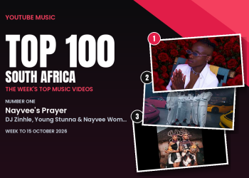 YouTube TOP 100 Music Videos South Africa, week to 15 October 2026: number one Nayvee's Prayer.